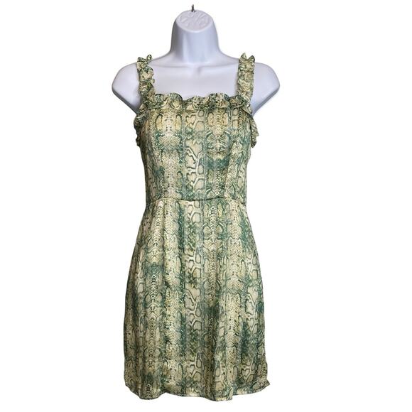 Anthropologie 4SI3NNA Women's Green Snakeprint Mini Dress Size XS Fairy Ruffles - Picture 1 of 12
